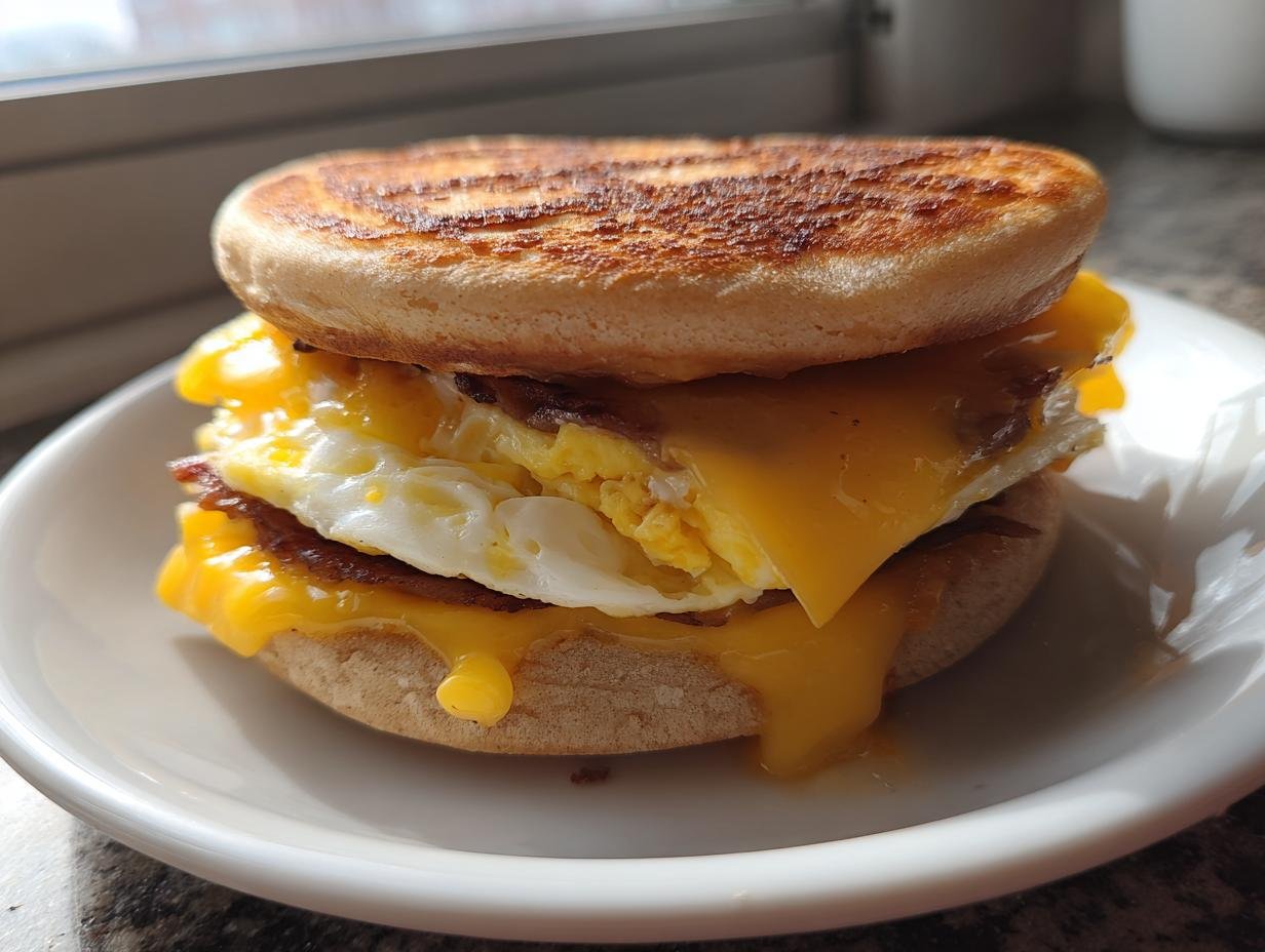 A close-up of an Irresistible Sausage Egg Mcgriddle Recipe featuring melted cheese, fried egg, and bacon on griddle cakes.