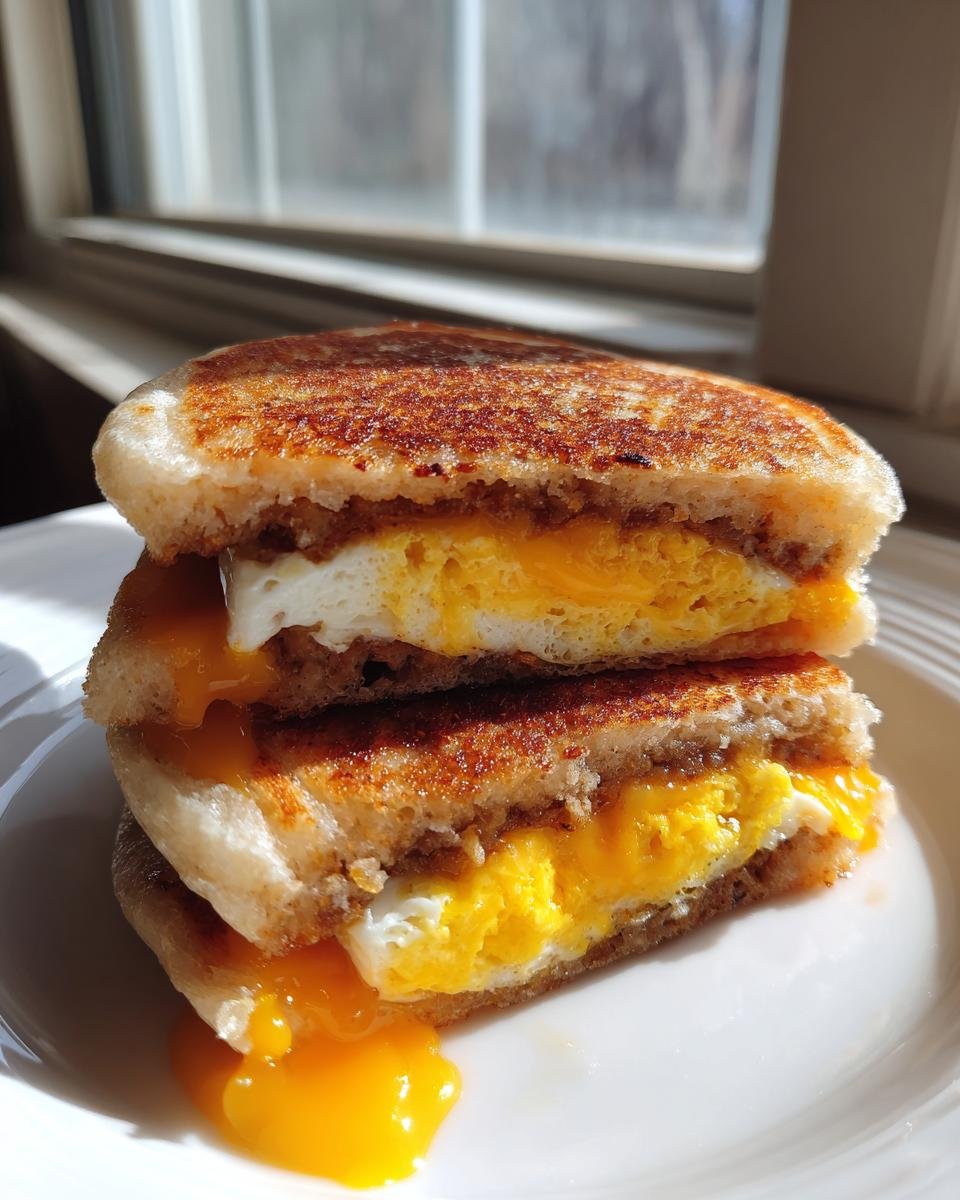 A halved Irresistible Sausage Egg Mcgriddle Recipe showing melted cheese and runny yolk on a white plate.