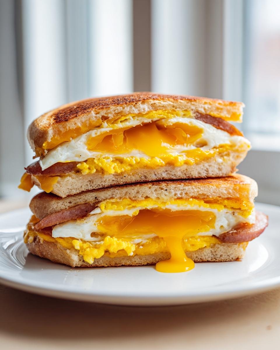Two halves of an Irresistible Sausage Egg Mcgriddle Recipe stacked, showing runny yolk dripping onto a white plate.