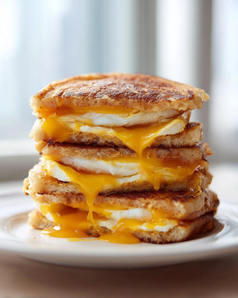 A tall stack of breakfast sandwiches showing layers of egg and dripping melted cheese, inspired by the Irresistible Sausage Egg Mcgriddle Recipe.