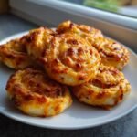 A stack of golden brown, cheesy Irresistible Sausage Pinwheels served on a white plate near a window.