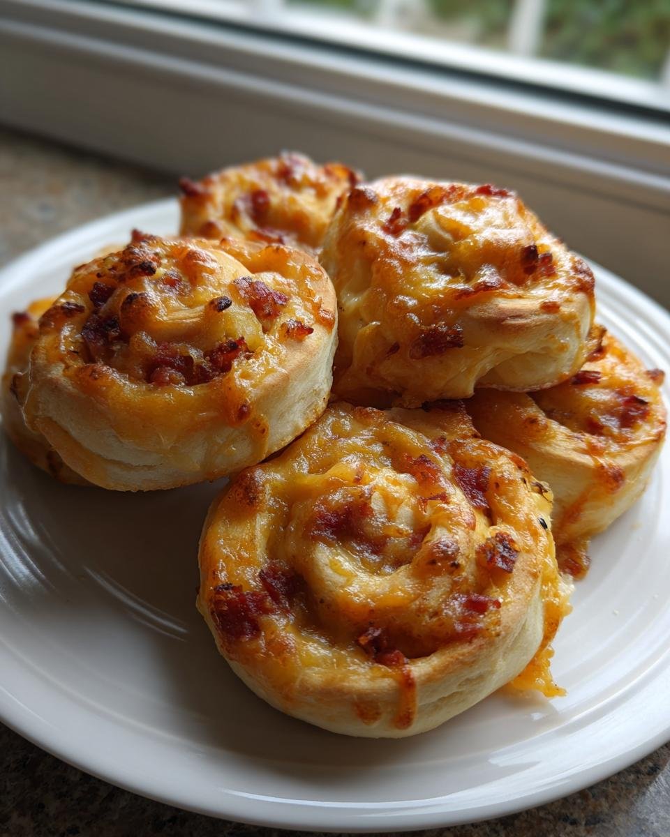 A close-up of several golden-brown Irresistible Sausage Pinwheels piled on a white plate.