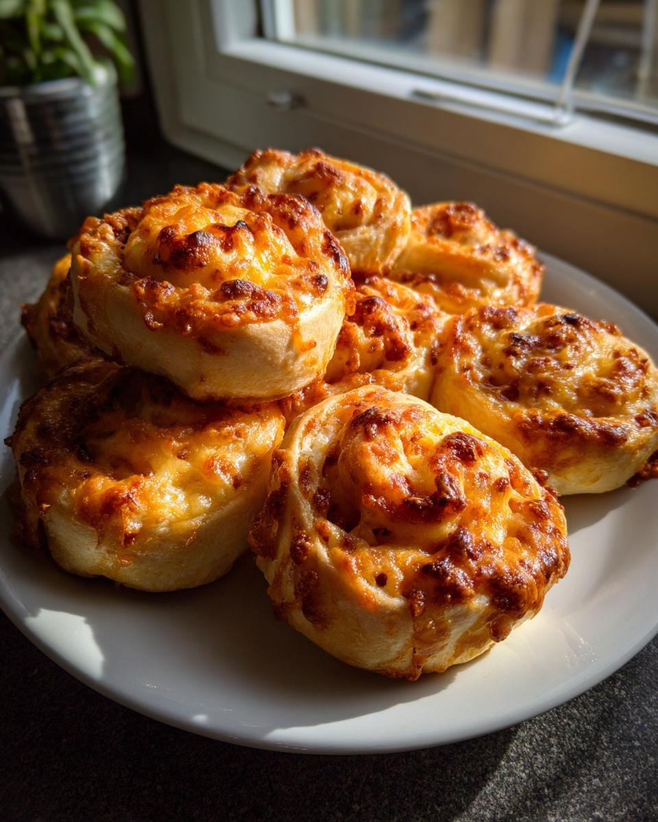 A plate piled high with golden-brown Irresistible Sausage Pinwheels topped with bubbly, melted cheese.
