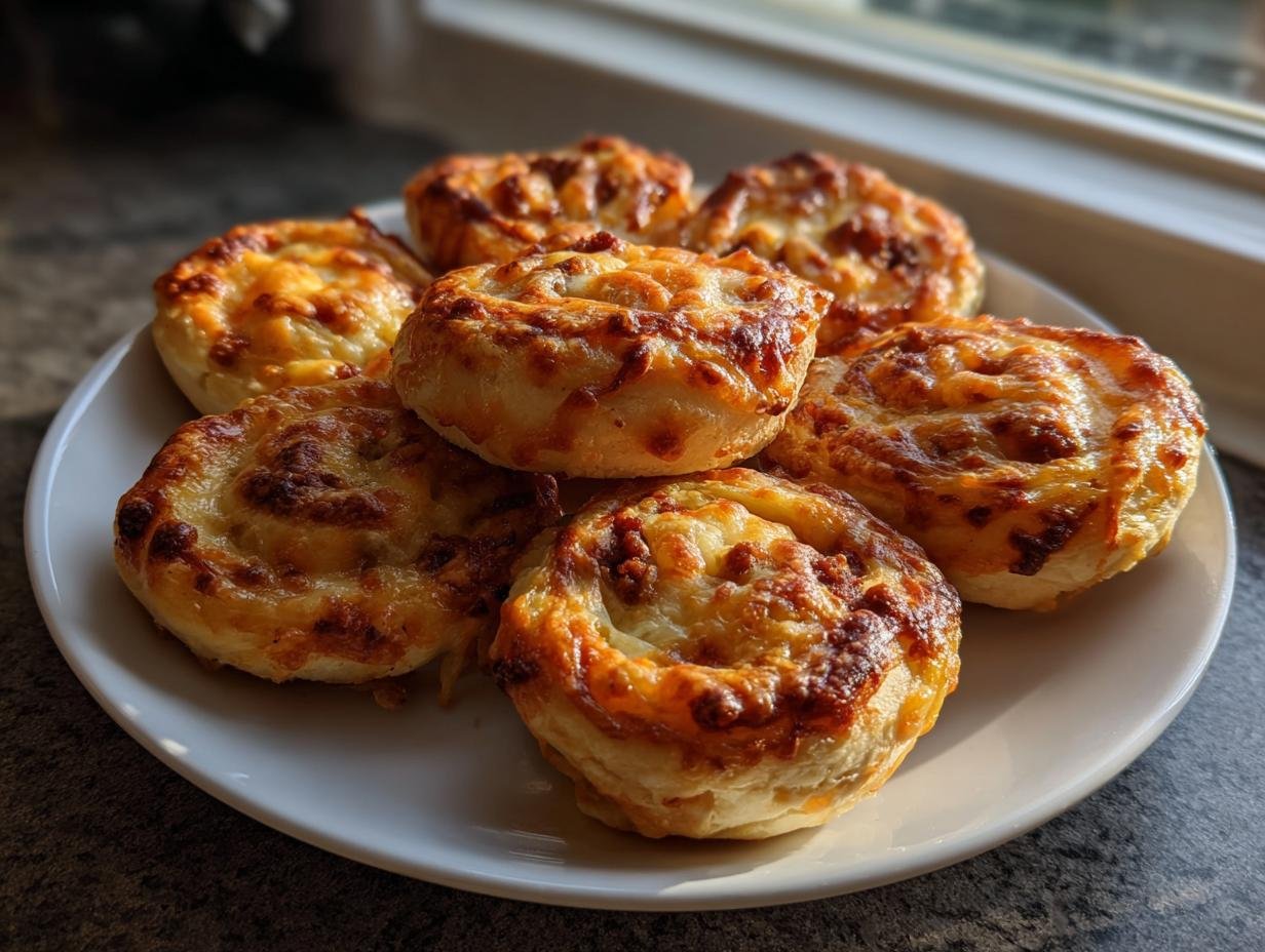 A plate holding several golden-brown, cheesy Irresistible Sausage Pinwheels, backlit by natural light.