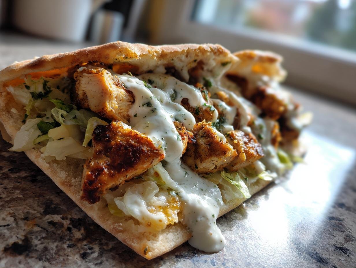 Close-up of an Irresistible Sheet Pan Chicken Pitas stuffed with seasoned chicken, lettuce, and drizzled generously with herby ranch sauce.