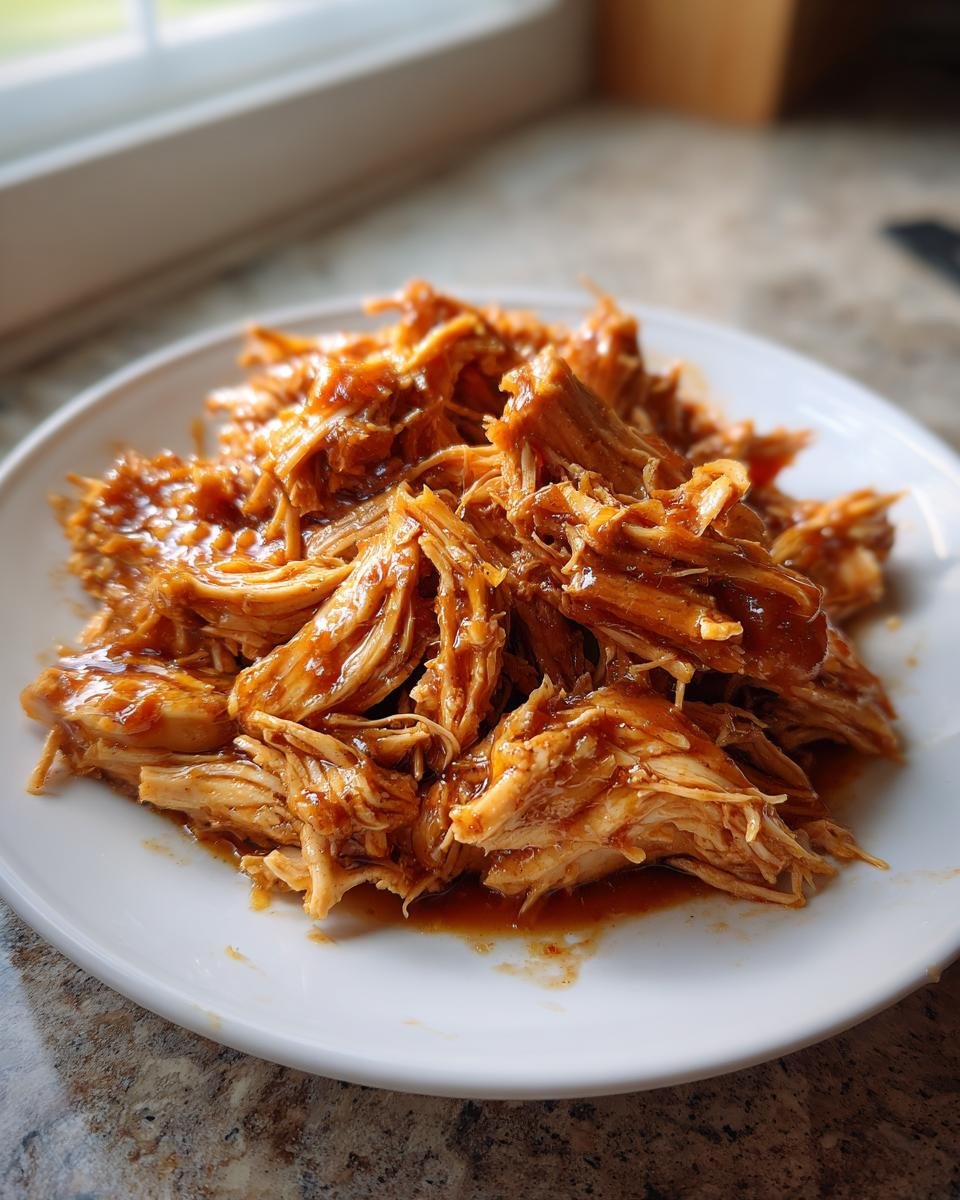 Close-up of shredded, saucy Irresistible Slow Cooker Honey Garlic Chicken piled on a white plate.
