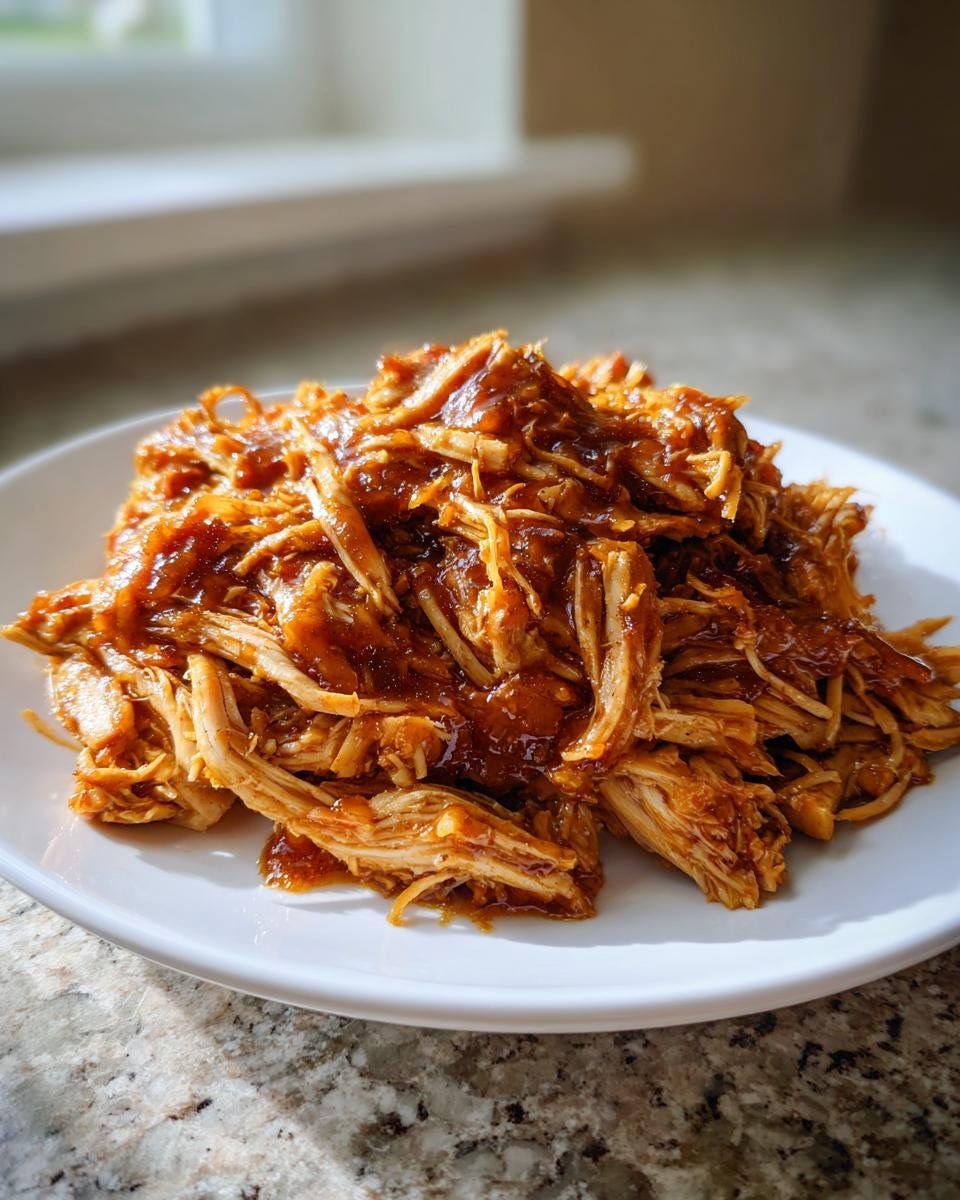 Close-up of shredded chicken coated in a thick, glossy honey garlic sauce, ready to serve.
