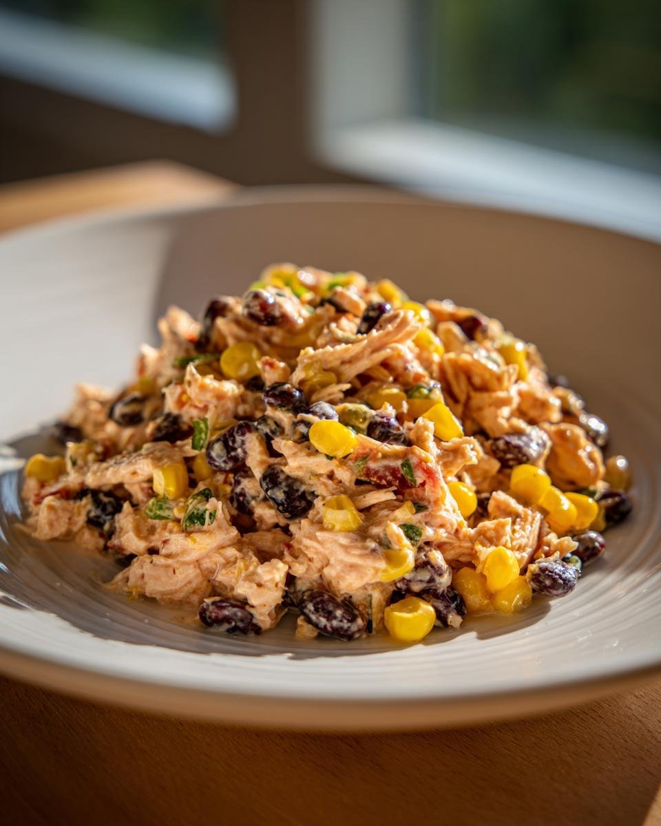A close-up of a creamy Irresistible Southwest Chicken Salad mixed with black beans and corn in a light bowl.