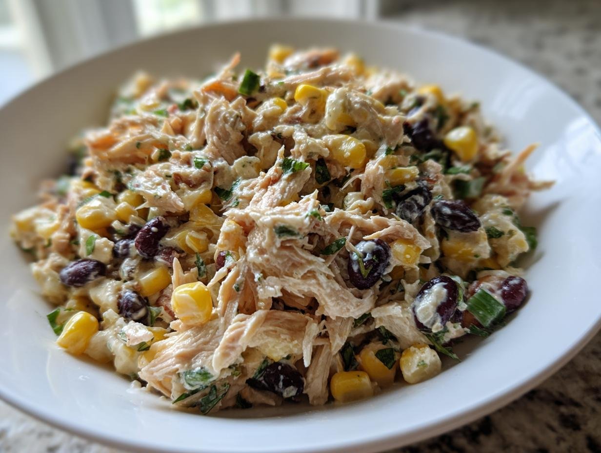 Close-up of Irresistible Southwest Chicken Salad Recipe featuring shredded chicken, corn, and black beans in a creamy dressing.