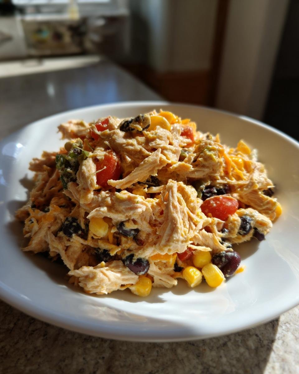 A close-up of a serving of Irresistible Southwest Chicken Salad with shredded chicken, corn, and black beans.