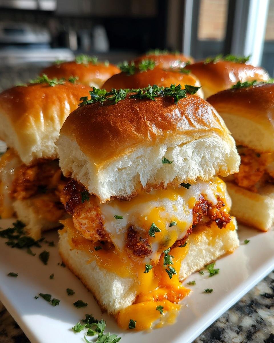Close-up of an Irresistible Spicy Buffalo Chicken Sliders Recipe slider with melted cheese dripping out.