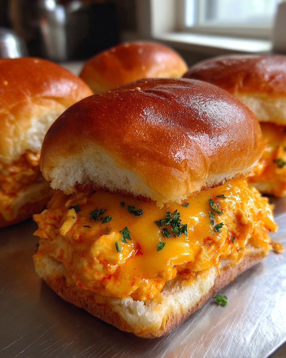 Close-up of an Irresistible Spicy Buffalo Chicken Slider with melted cheese and parsley.