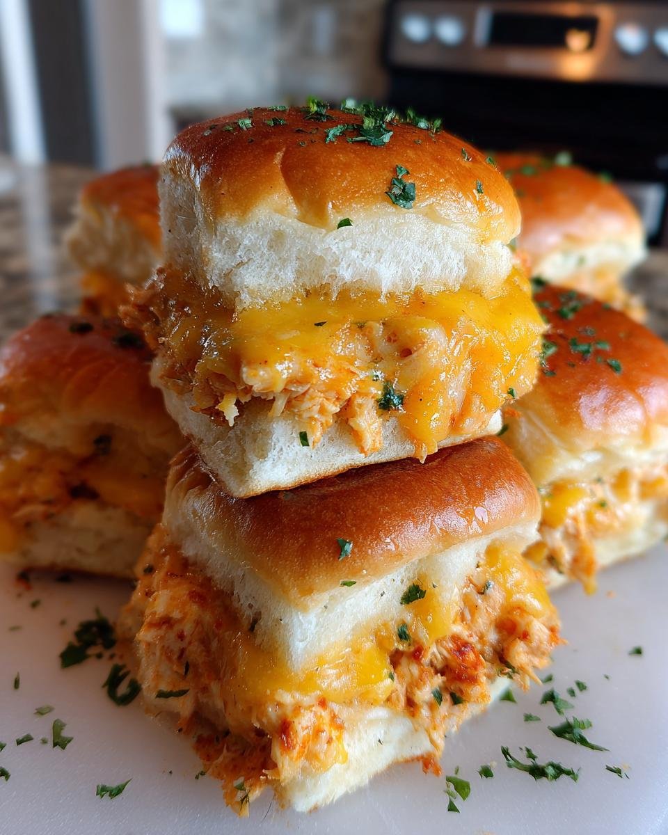 Close-up of stacked Irresistible Spicy Buffalo Chicken Sliders oozing melted cheddar cheese and topped with parsley.