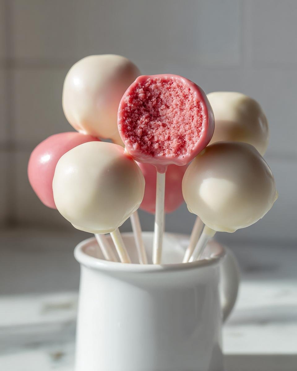 Close-up of Irresistible Strawberry Cake Pops, one bitten to show pink center, dipped in white coating.