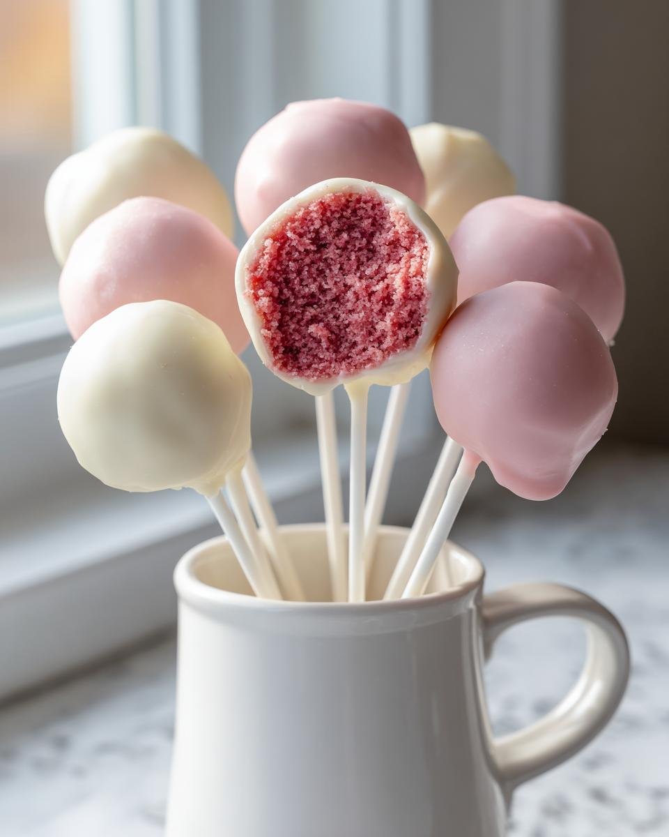 Close-up of Irresistible Strawberry Cake Pops, one bitten to show pink cake interior coated in white chocolate.