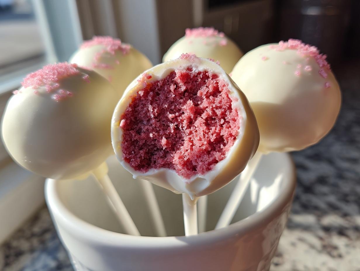 Close-up of Irresistible Strawberry Cake Pops, showing the pink cake interior dipped in white chocolate.