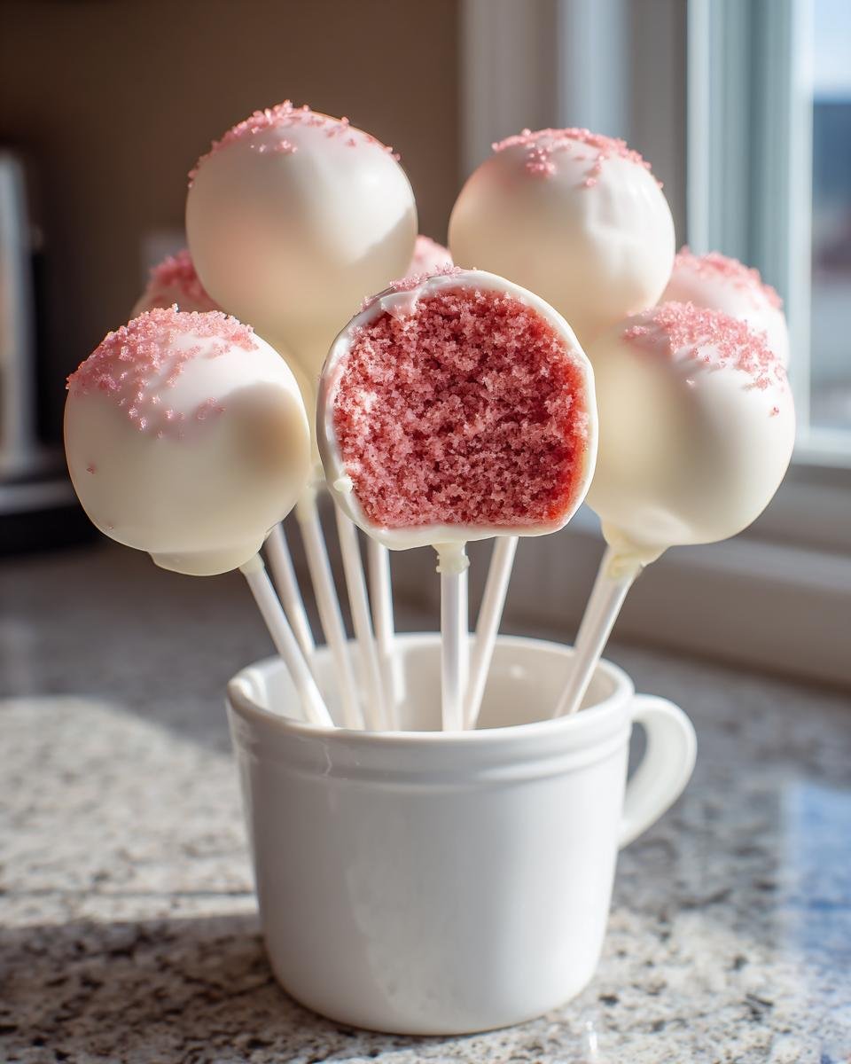 Close-up of Irresistible Strawberry Cake Pops dipped in white chocolate and pink sprinkles, one is bitten.