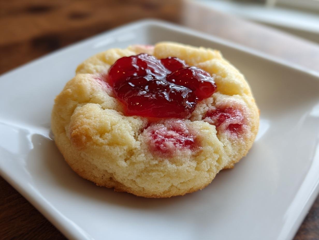 A single, soft, pale yellow Irresistible Strawberry Cheesecake Cookie topped with bright red strawberry jam on a white square plate.
