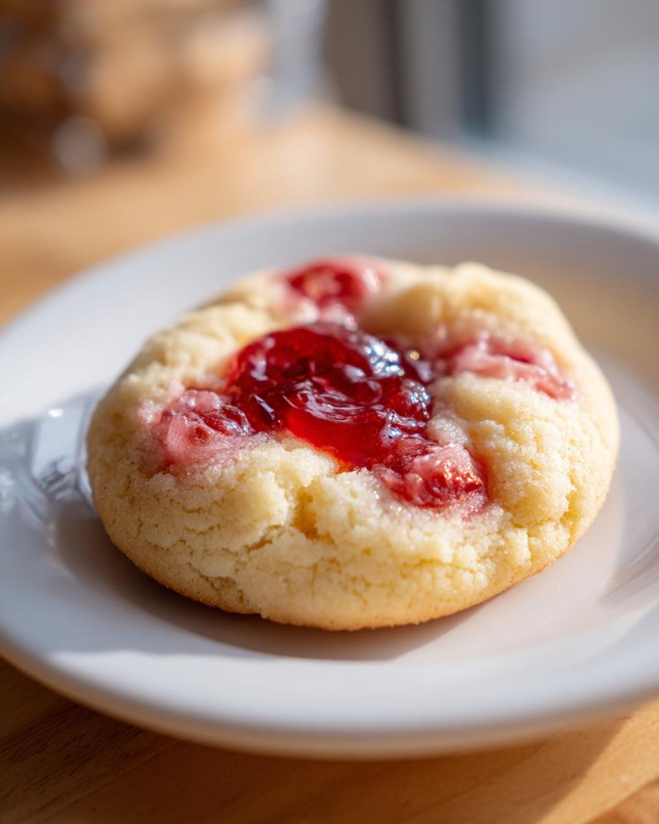 A single, soft, pale yellow cookie with a bright red strawberry jam center, part of the Irresistible Strawberry Cheesecake Cookies Recipe Delight.