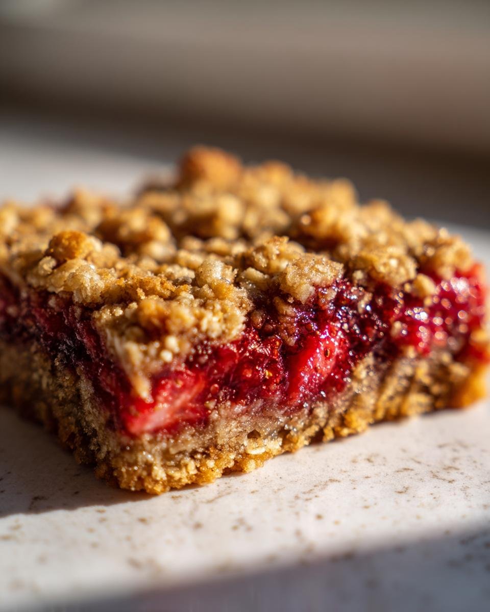 A close-up, sunlit view of a single square of Irresistible Strawberry Oatmeal Crumble Bars showing the thick strawberry filling and crumb topping.