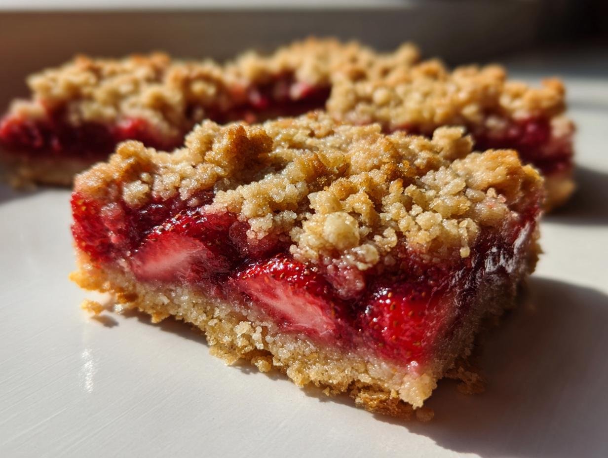 A close-up of a freshly baked square of Irresistible Strawberry Oatmeal Crumble Bars showing the thick strawberry filling and crumb topping.