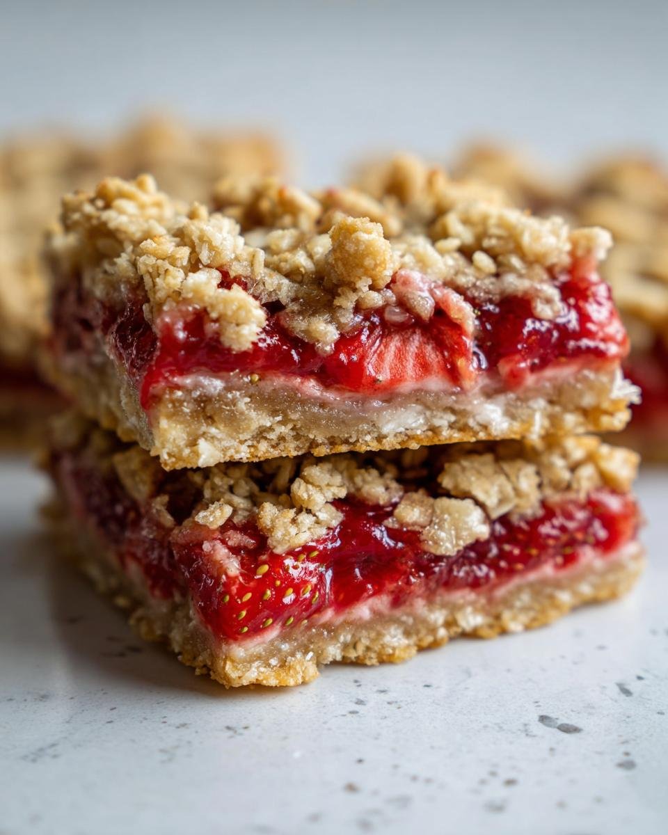 Two stacked squares of Irresistible Strawberry Oatmeal Crumble Bars showing thick strawberry filling and oat topping.