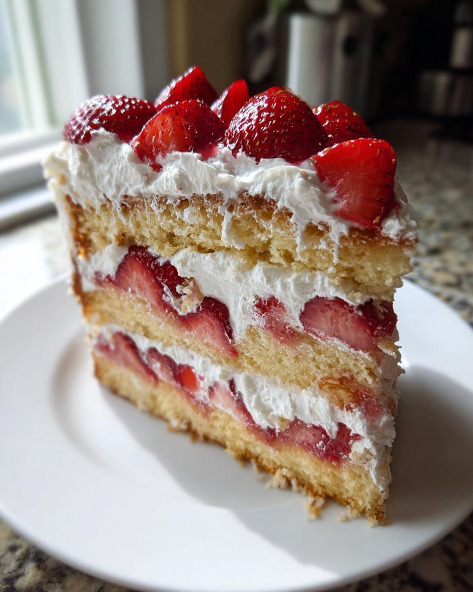 A tall slice of Irresistible Strawberry Shortcake Layer Cake featuring layers of sponge cake, whipped cream, and fresh strawberries.