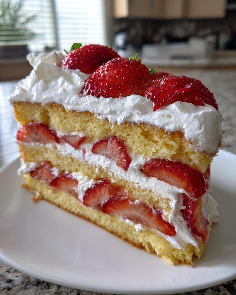 A tall slice of Irresistible Strawberry Shortcake Layer Cake with three layers of sponge, whipped cream, and fresh strawberries.