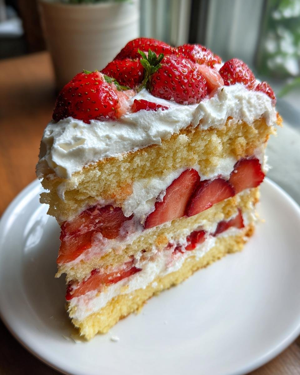A tall slice of Irresistible Strawberry Shortcake Layer Cake with layers of sponge, cream, and fresh strawberries.