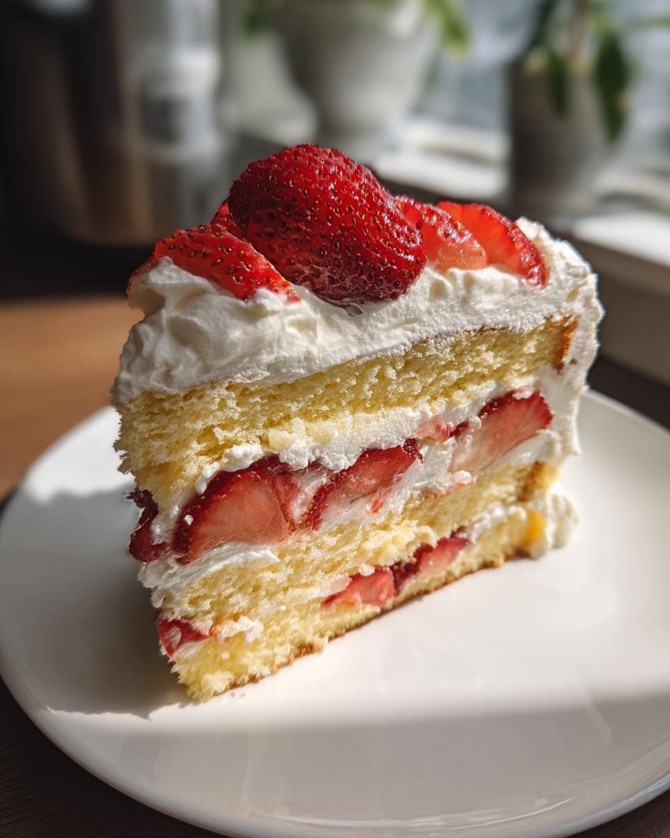 A tall slice of Irresistible Strawberry Shortcake Layer Cake with layers of sponge, whipped cream, and fresh strawberries.