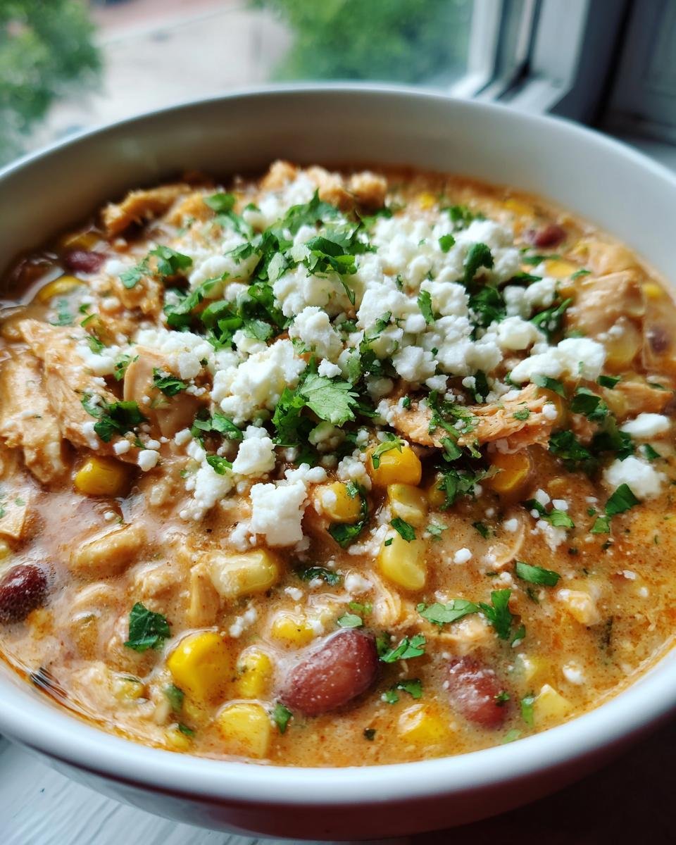 Close-up of a bowl of Irresistible Street Corn Chicken Chili topped with cotija cheese and cilantro.
