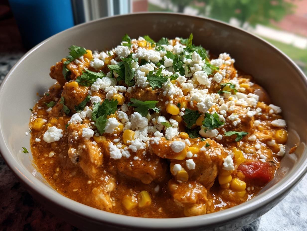 A close-up of a bowl filled with Irresistible Street Corn Chicken Chili, topped with crumbled white cheese and fresh cilantro.