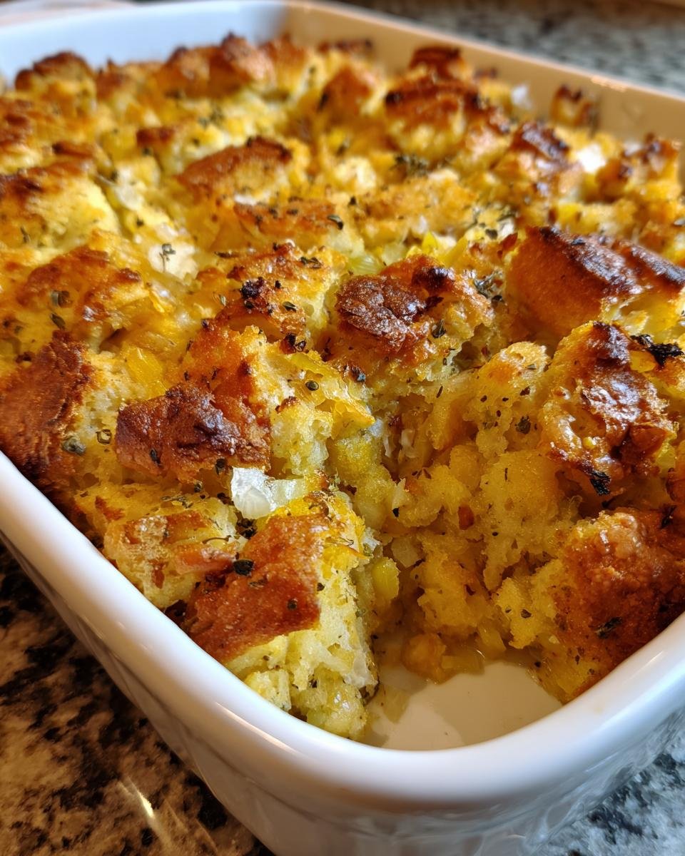 Close-up of a golden-brown, baked Irresistible Stuffing Recipe in a white casserole dish.