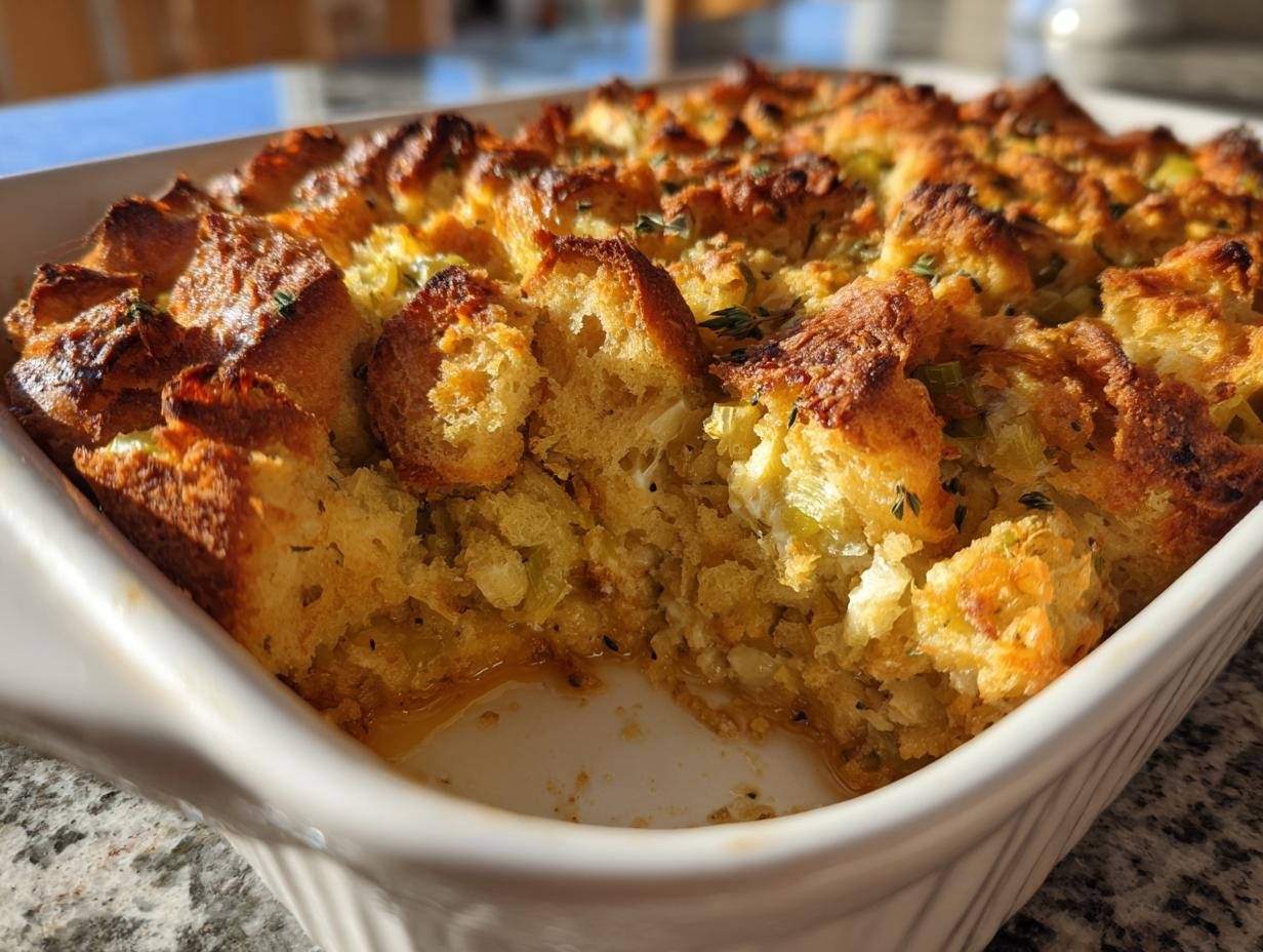 Close-up of Irresistible Stuffing Recipe baked golden brown in a white casserole dish with a scoop removed.