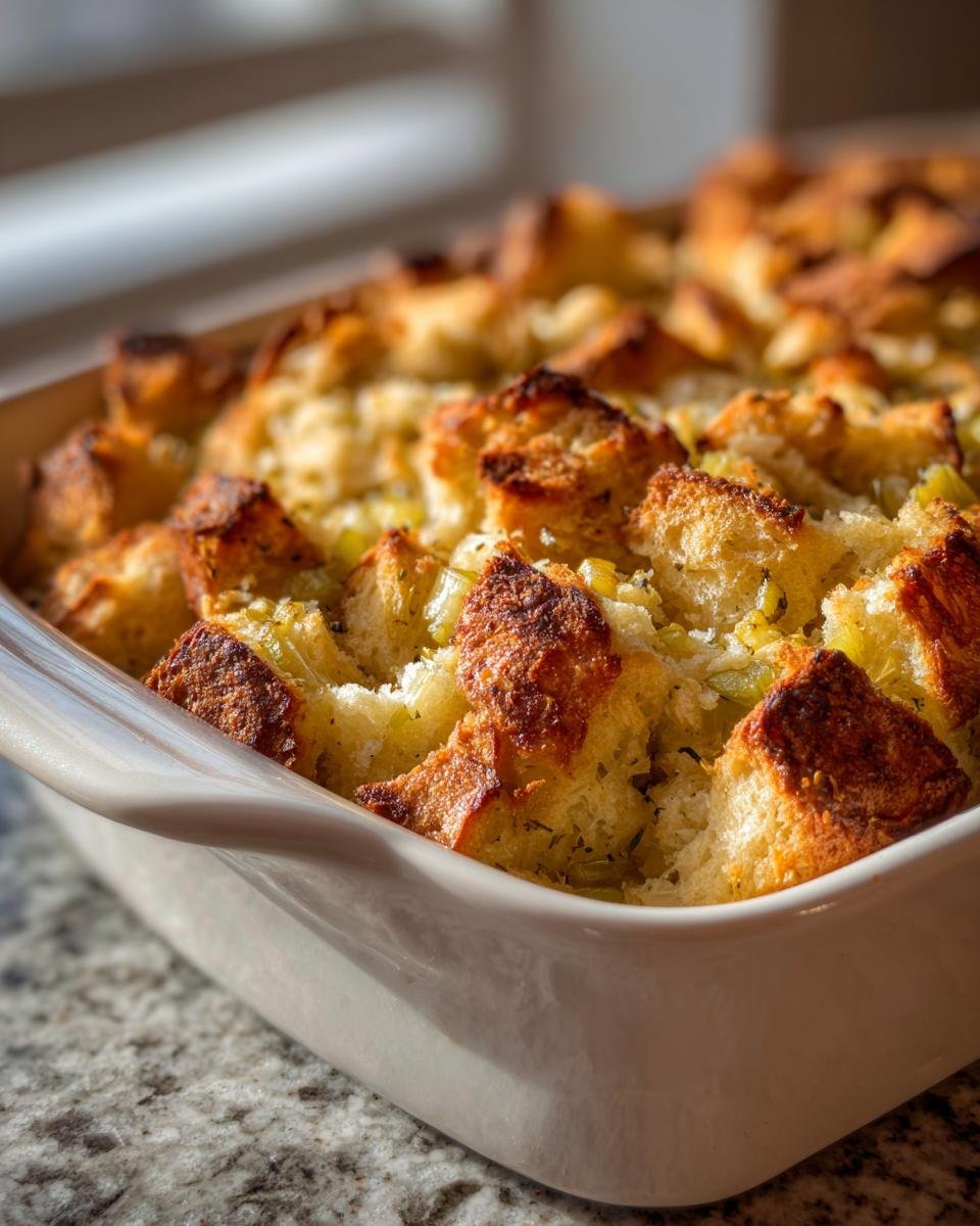 Close-up of golden brown, crispy bread cubes in an Irresistible Stuffing Recipe For Thanksgiving Delight baking dish.