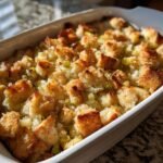 Close-up of baked, golden-brown Irresistible Stuffing Recipe For Thanksgiving Delight with visible celery chunks in a white baking dish.