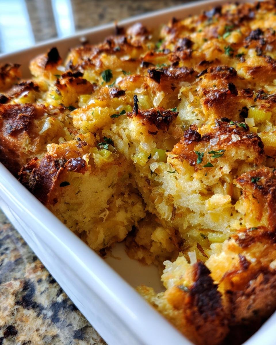 Close-up of Irresistible Stuffing Recipe baked to a golden brown with crispy edges in a white casserole dish.