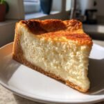 A thick slice of Irresistible Sugar Cookie Cheesecake with a golden-brown top and thick crust.