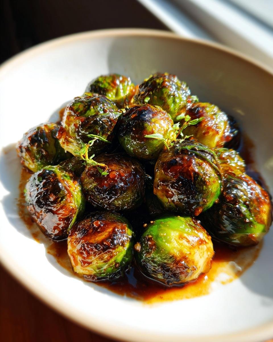 Close-up of Irresistible Sweet Sour Brussels Sprouts coated in a dark, glossy glaze and served in a white bowl.
