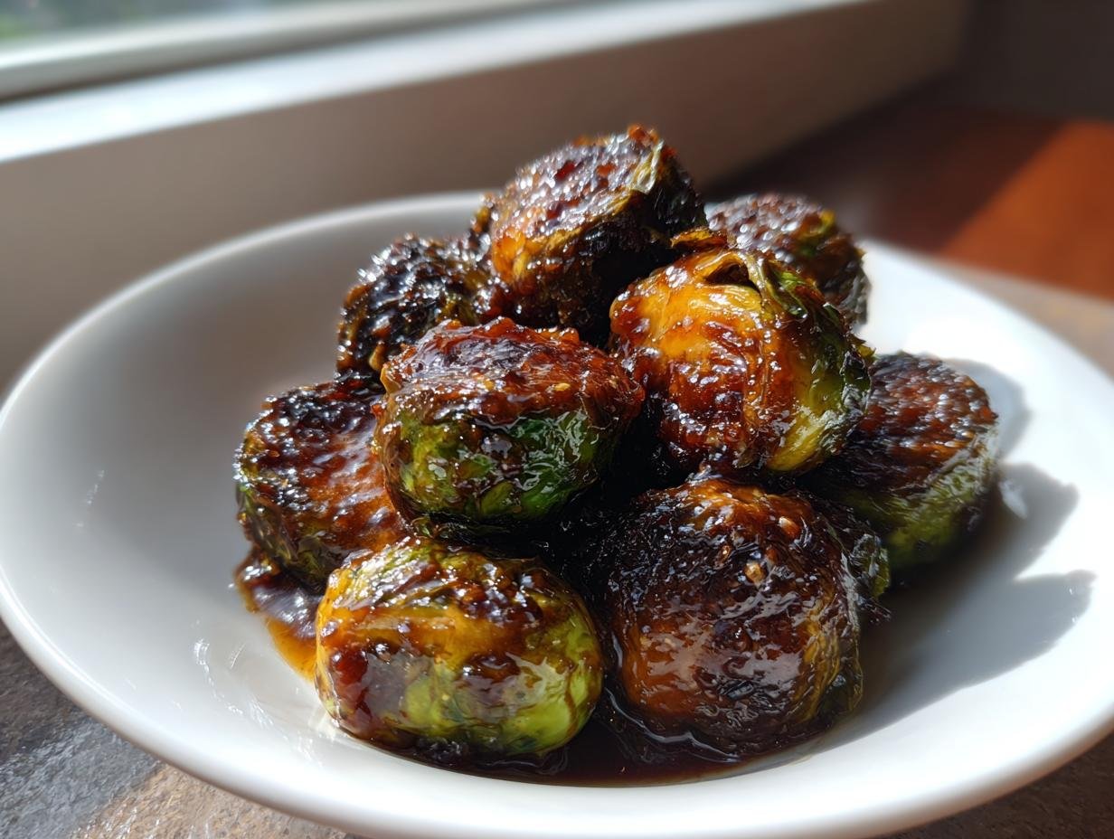 Close-up of glossy, caramelized Brussels sprouts coated in a dark sweet and sour glaze, served in a white bowl.