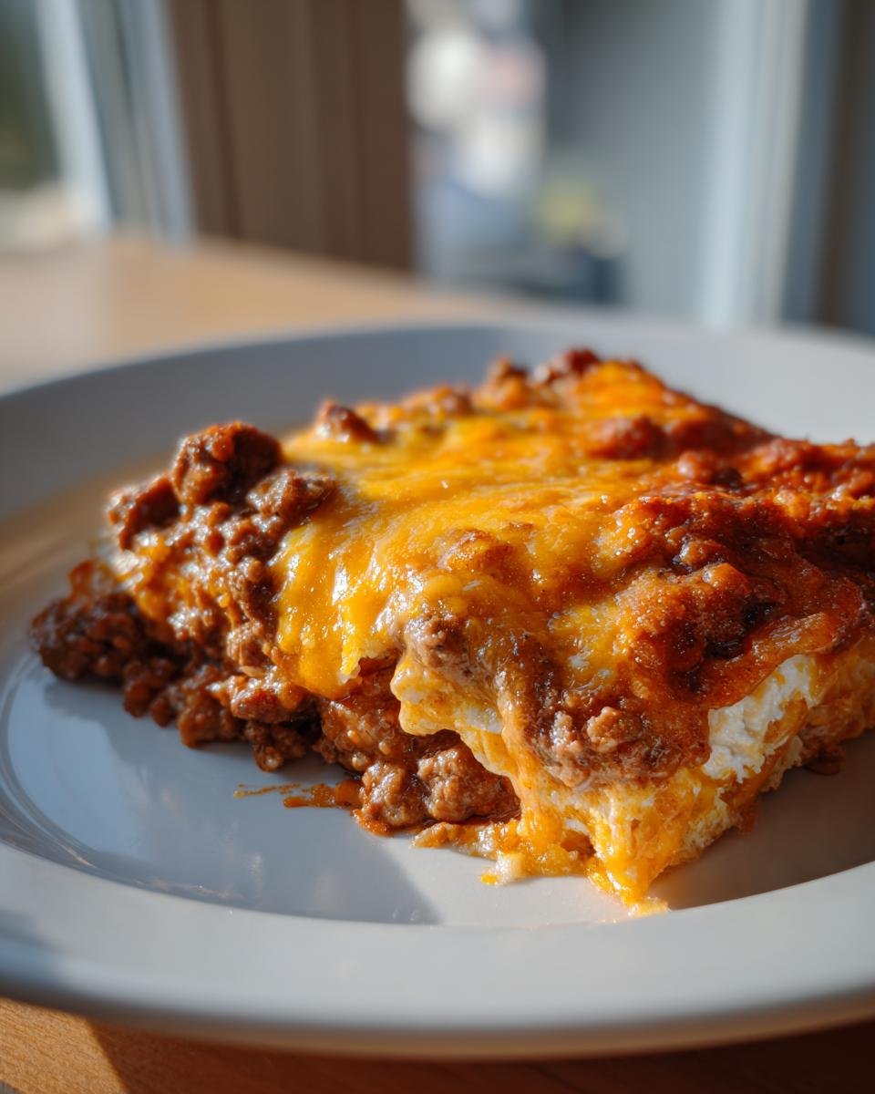 A close-up shot of a cheesy slice of Irresistible Taco Casserole With Tortillas topped with seasoned ground beef and melted cheddar.