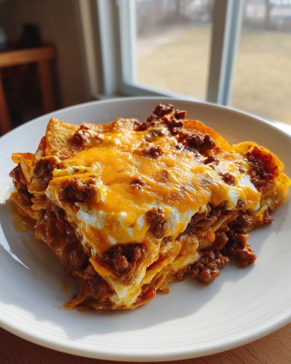 A generous slice of Irresistible Taco Casserole With Tortillas, layered with meat and topped with melted cheddar cheese.