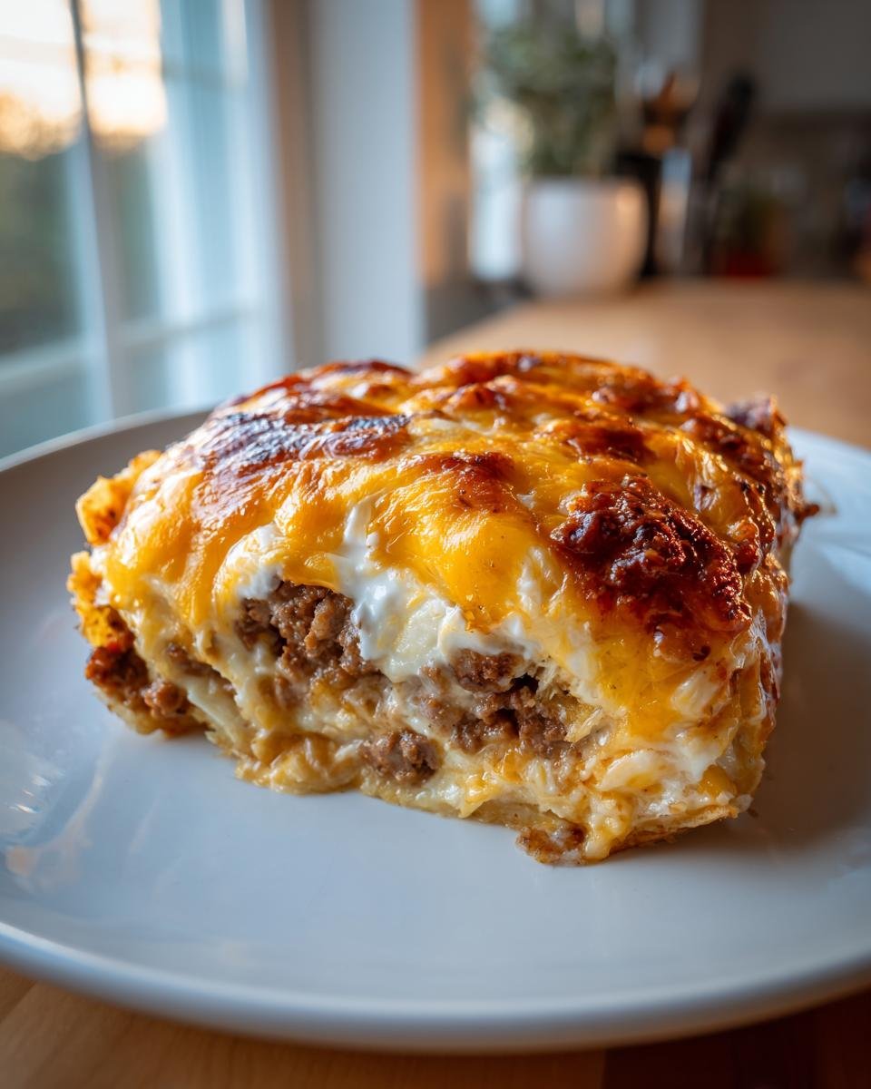 A close-up of a layered slice of Irresistible Taco Casserole With Tortillas, topped with melted, browned cheese.