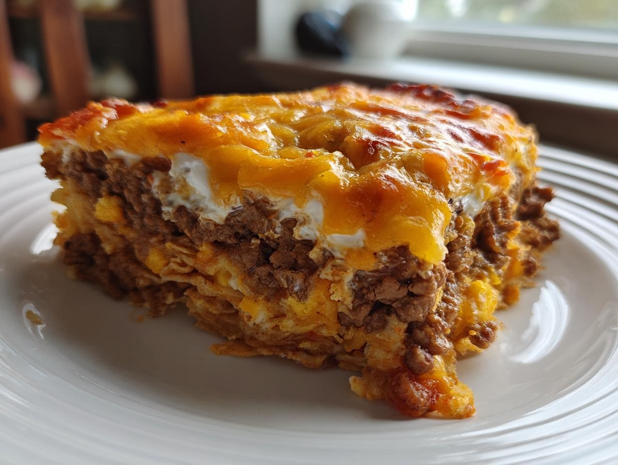 A hearty slice of Irresistible Taco Casserole With Tortillas, featuring layers of seasoned ground beef and melted cheddar cheese.