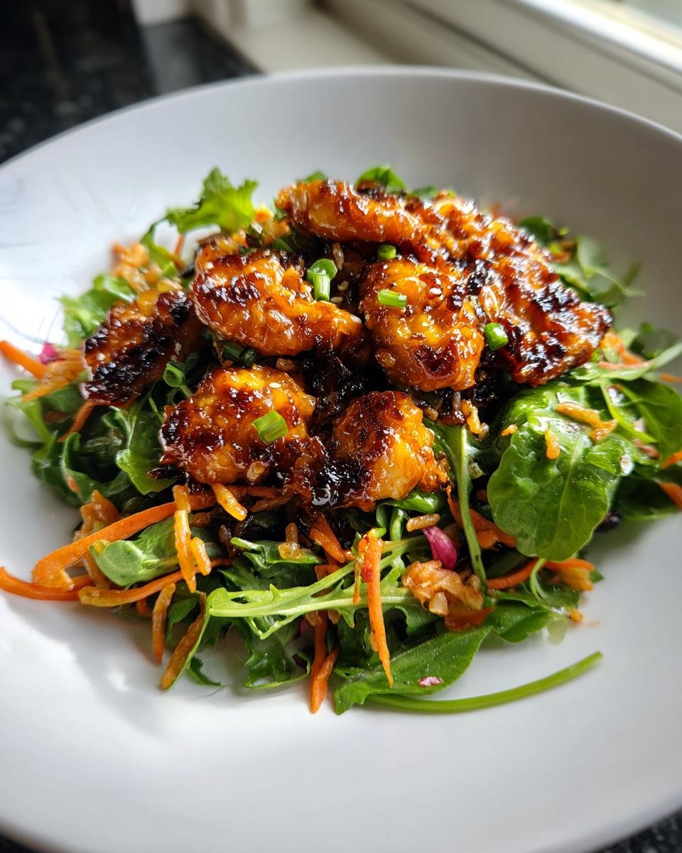 Close-up of Irresistible Teriyaki Chicken Crispy Rice Salad with glazed chicken pieces over greens and carrots.