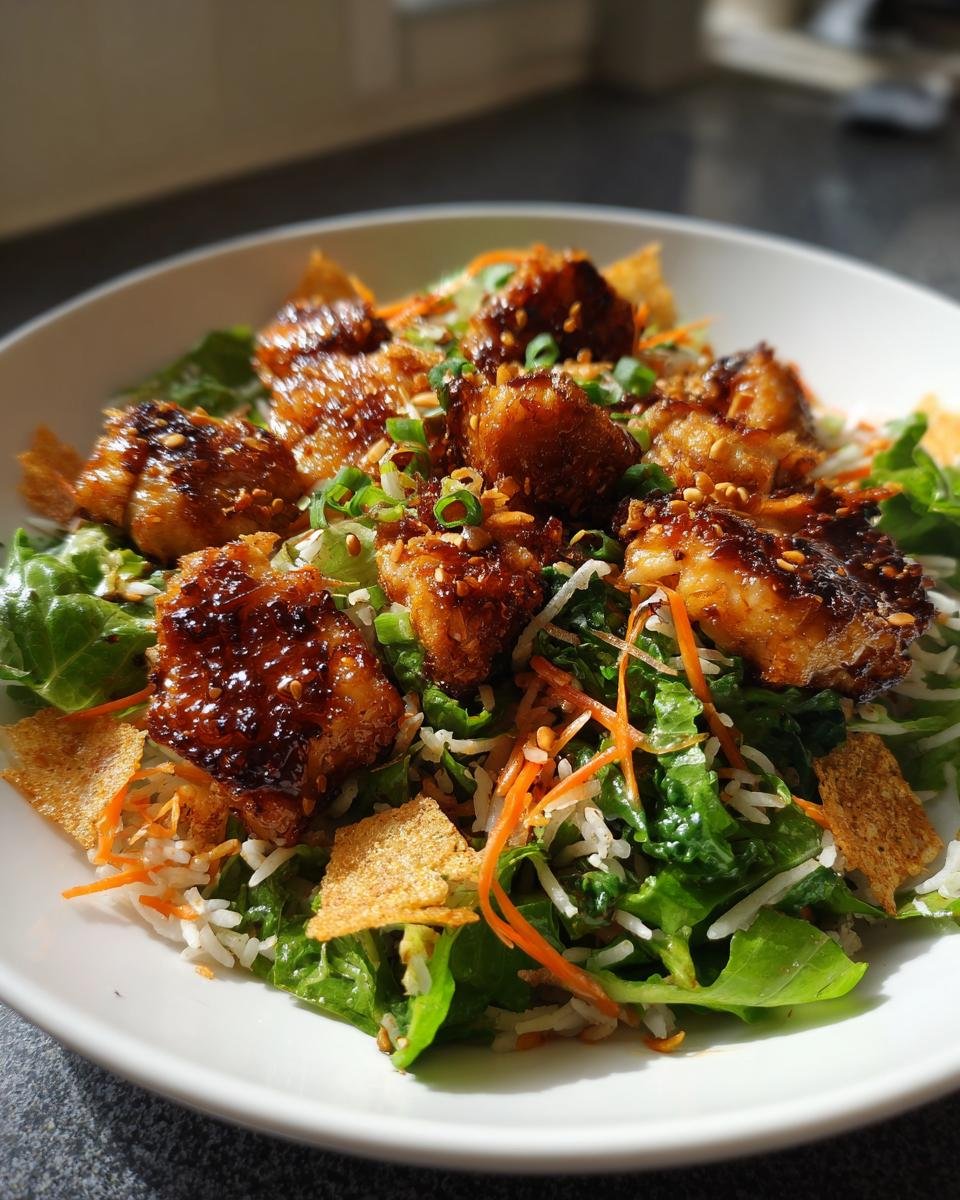 Close-up of Irresistible Teriyaki Chicken Crispy Rice Salad topped with sesame seeds and green onions.