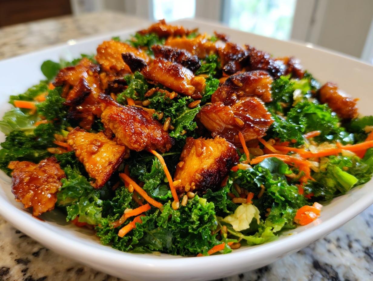 Close-up of Irresistible Teriyaki Chicken Crispy Rice Salad featuring glazed chicken pieces over kale and shredded carrots.