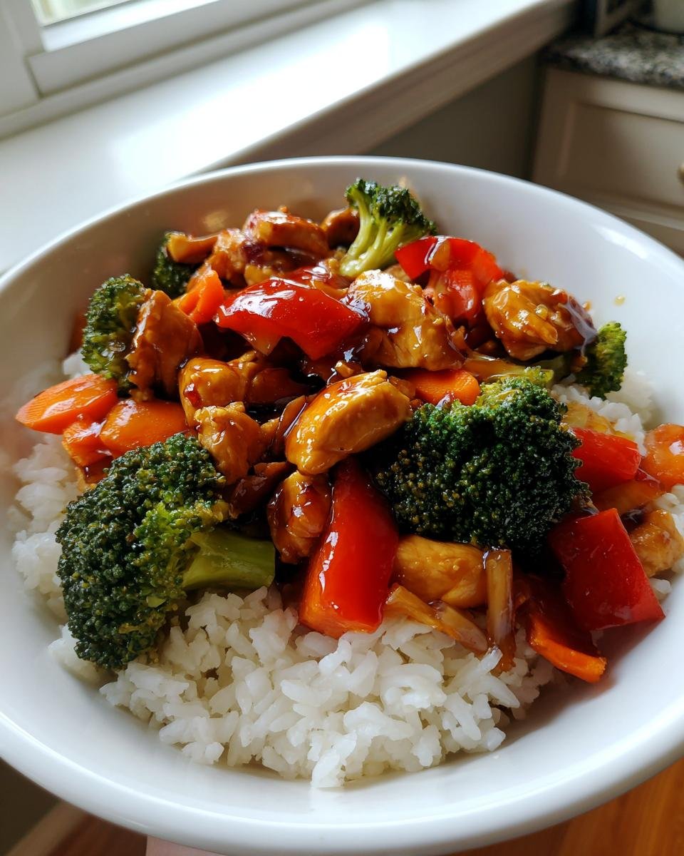 A bowl of Irresistible Teriyaki Chicken Stir Fry served over white rice with broccoli and red peppers.