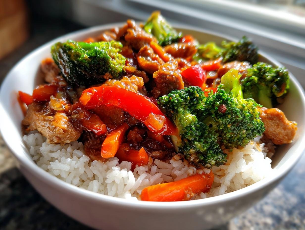 A close-up of Irresistible Teriyaki Chicken Stir Fry with broccoli and red peppers served over white rice in a bowl.