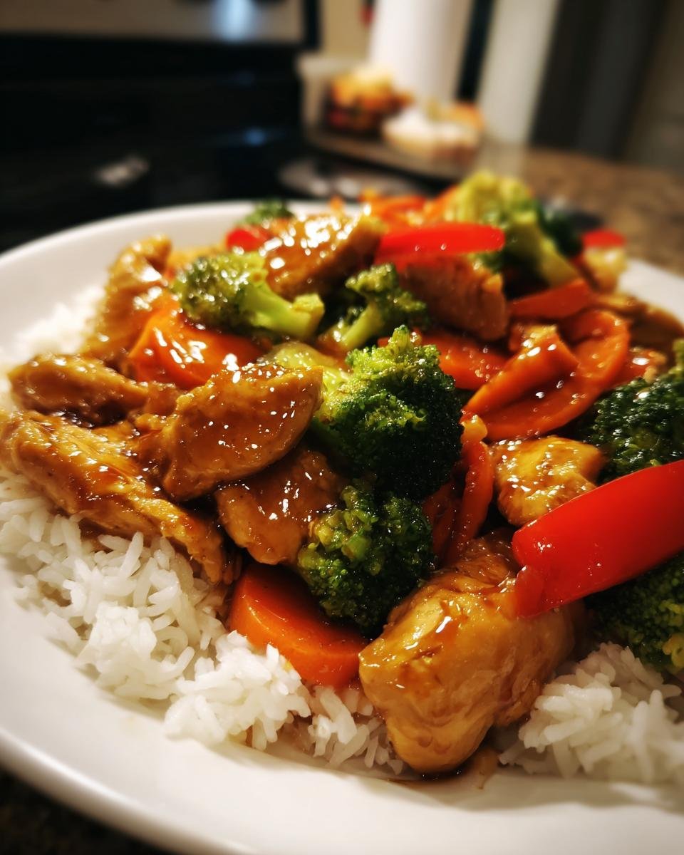 Close-up of Irresistible Teriyaki Chicken Stir Fry with broccoli, carrots, and red peppers served over fluffy white rice.